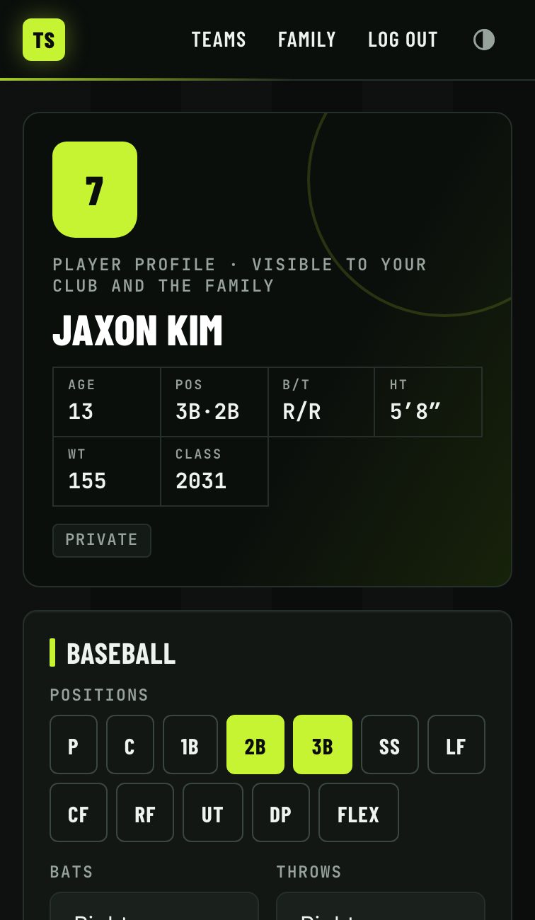 Player profile with positions, bats and throws, and grad year